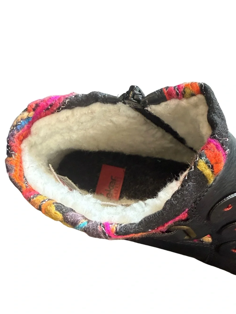 Rieker Black Leather Ankle Boots Faux Fur Lined Colorful Stitching US 11 NWT